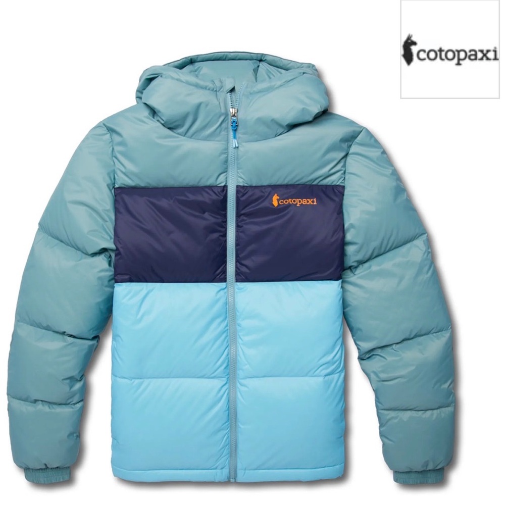 Cotopaxi Solazo Sky and Navy Hooded Down Jacket - Picture 1 of 8
